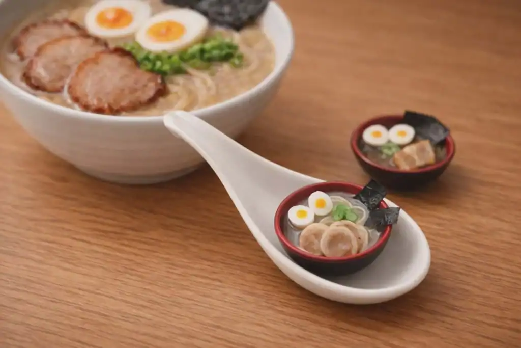 A tiny handcrafted miniature ramen bowl on a spoon, displayed alongside a full-size tonkotsu ramen bowl — made in RESOBOX's miniature food art class in New York