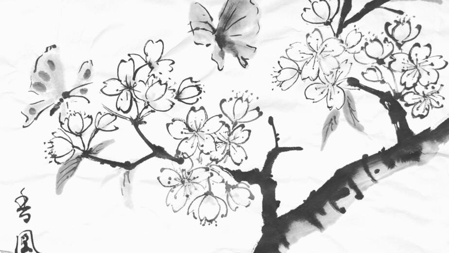 An instructor's sumi-e demonstration painting of cherry blossom branches and butterflies with artist's seal, used as a reference in RESOBOX's Japanese ink painting class in New York