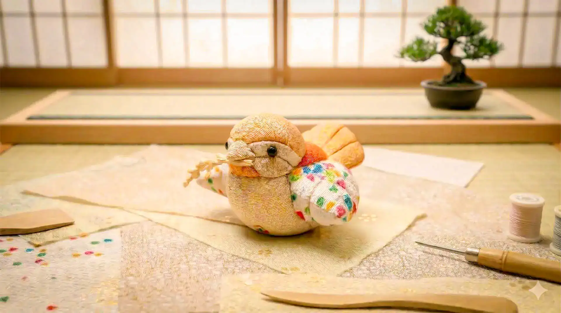 A handcrafted kimekomi sparrow doll with colorful patterned fabric wings, displayed on a tatami floor with crafting tools and a bonsai tree in the background — made in RESOBOX's kimekomi doll class in New York