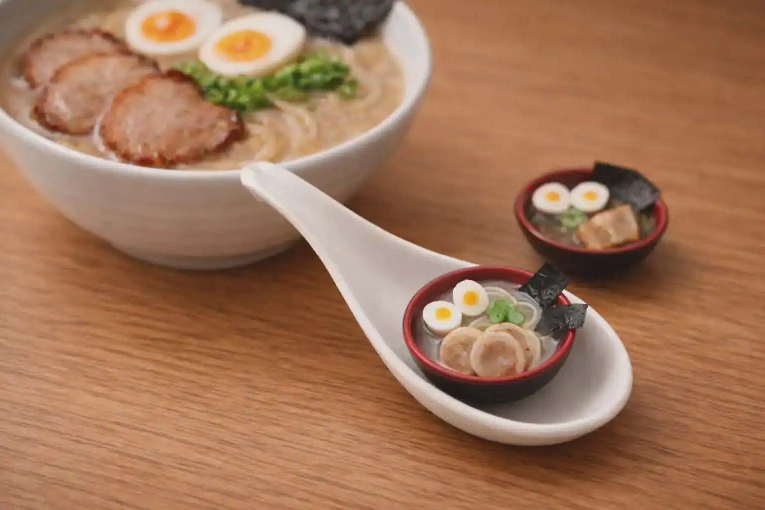 Miniature ramen bowl crafted in a Japanese miniature food-making workshop, displayed alongside a full-size tonkotsu ramen for scale