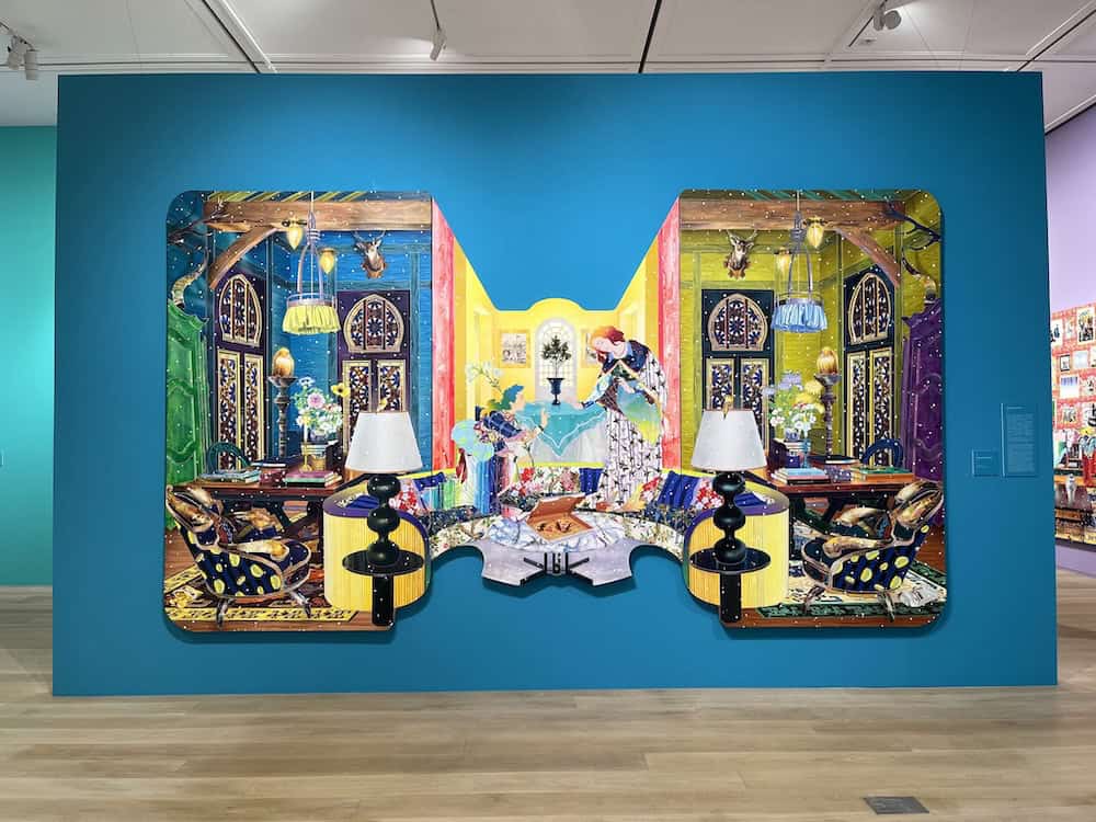 Colorful mirrored door installations with ornate interior design depicting vibrant living spaces, contemporary pop art by Tomokazu Matsuyama featuring symmetrical blue wall mounting in modern art gallery