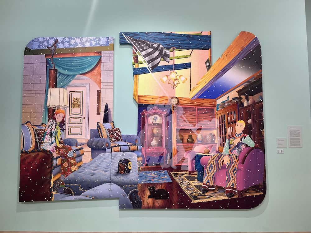 Fantastical interior diptych artwork depicting dreamy bedroom and living room scenes with rich colors and whimsical decorative elements, contemporary pop art by Japanese artist Tomokazu Matsuyama