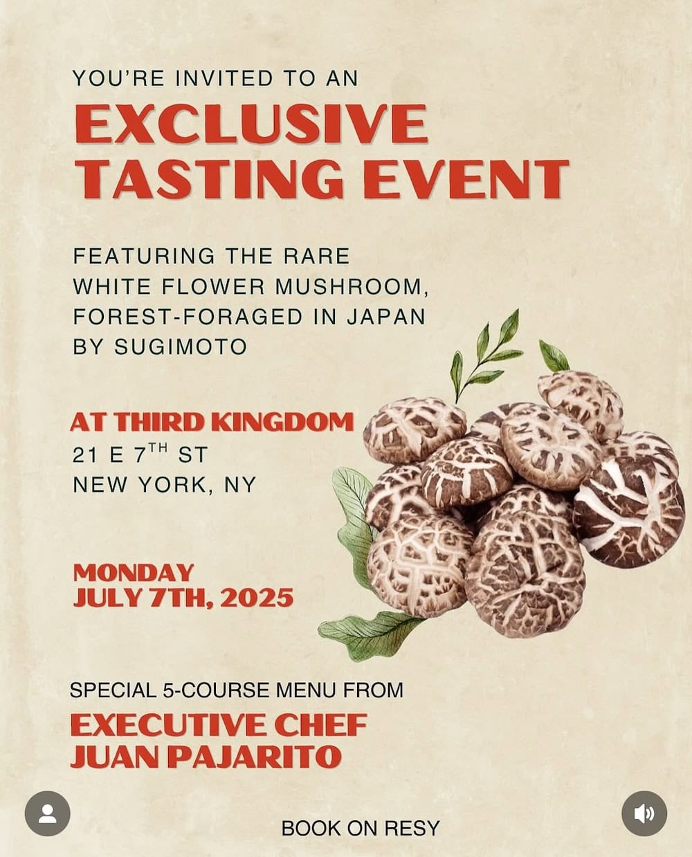 Third Kingdom Exclusive Tasting Event - Sugimoto White Flower Mushroom Featuring Chef Juan Pajarito