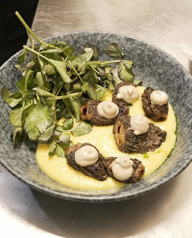 Gourmet appetizer featuring seared Sugimoto shiitake mushrooms topped with creamy sauce, microgreens, and delicate garnish in Japanese fine dining style at Third Kingdom