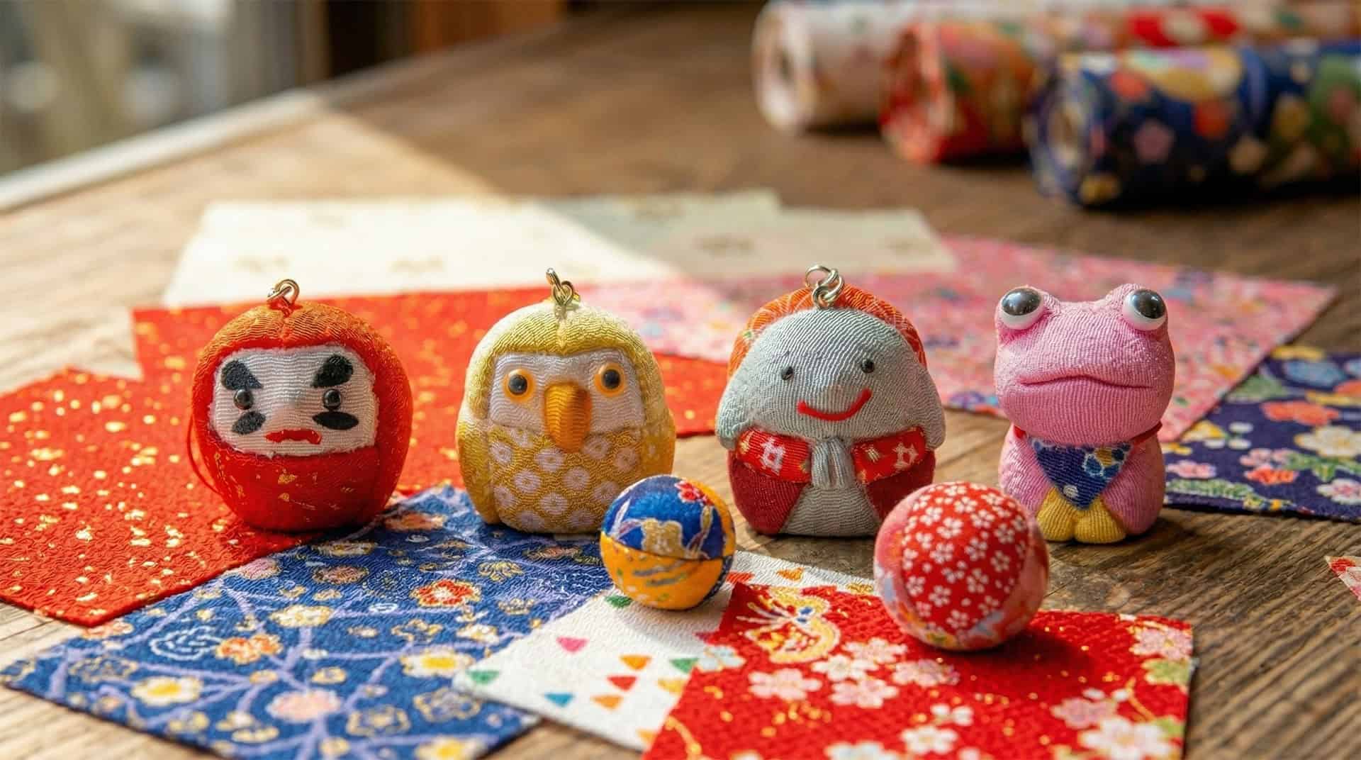 Handcrafted Japanese kimekomi dolls — daruma, owl, bird, and frog — displayed on colorful chirimen fabric squares