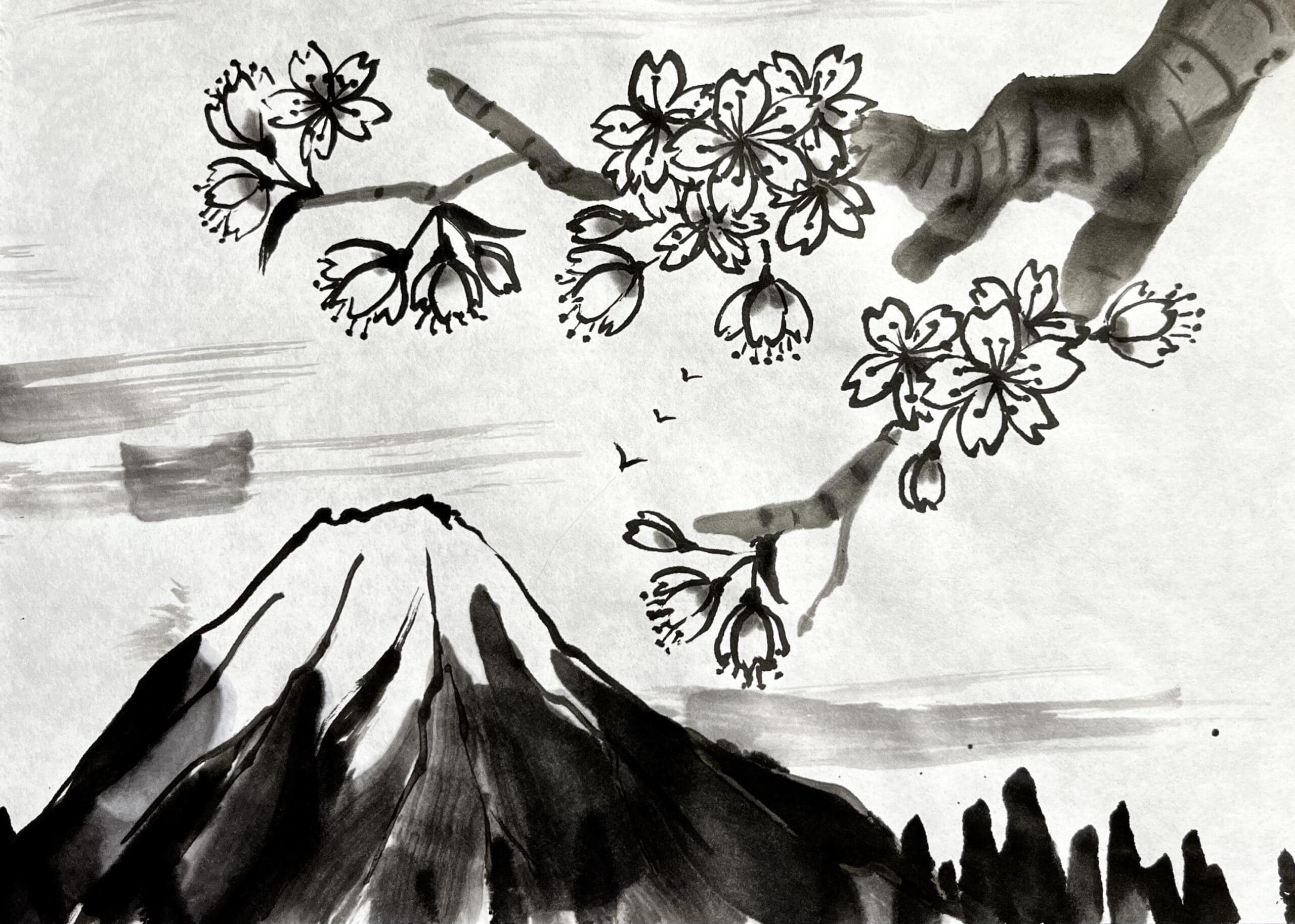 sumi-e ink painting depicting Mount Fuji beneath cherry blossom branches with birds in flight, created in traditional Japanese ink wash style