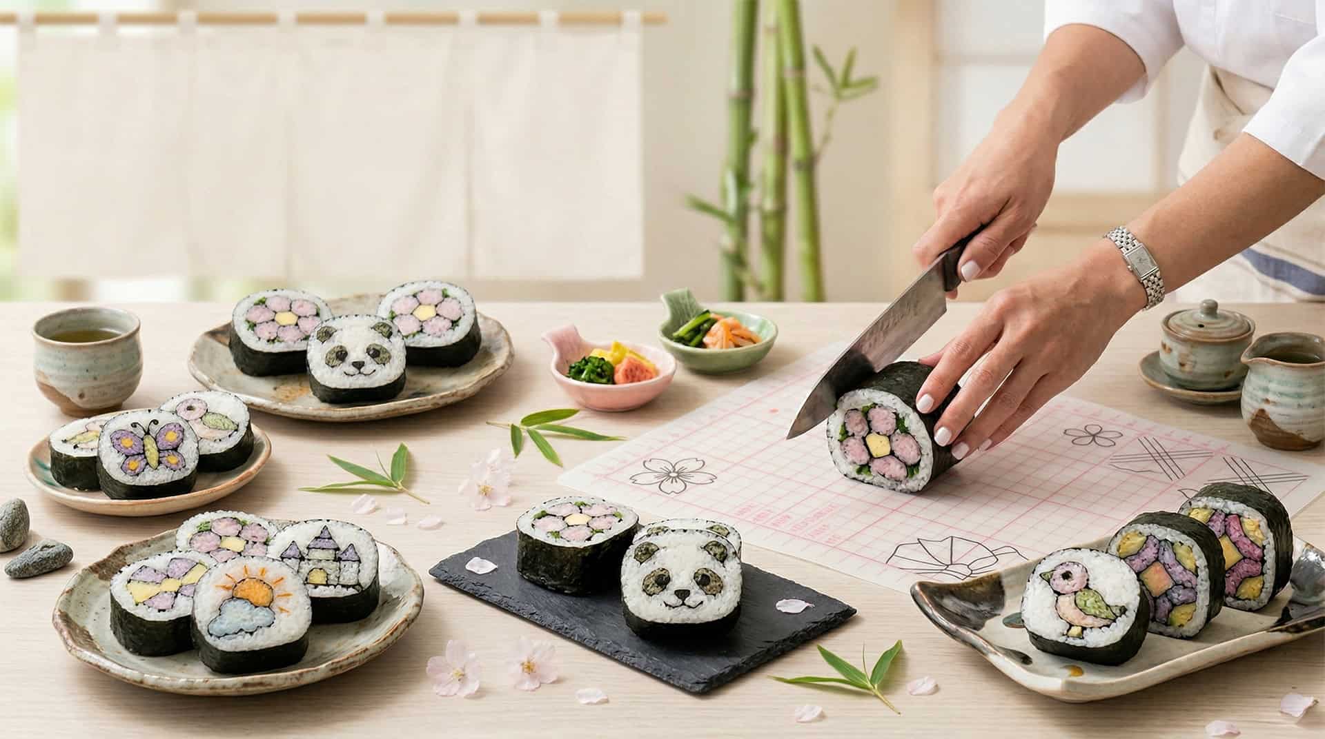 Assorted kazari maki zushi decorative sushi rolls with panda, butterfly, flower, and bird designs, displayed on ceramic plates with a knife slicing through a roll