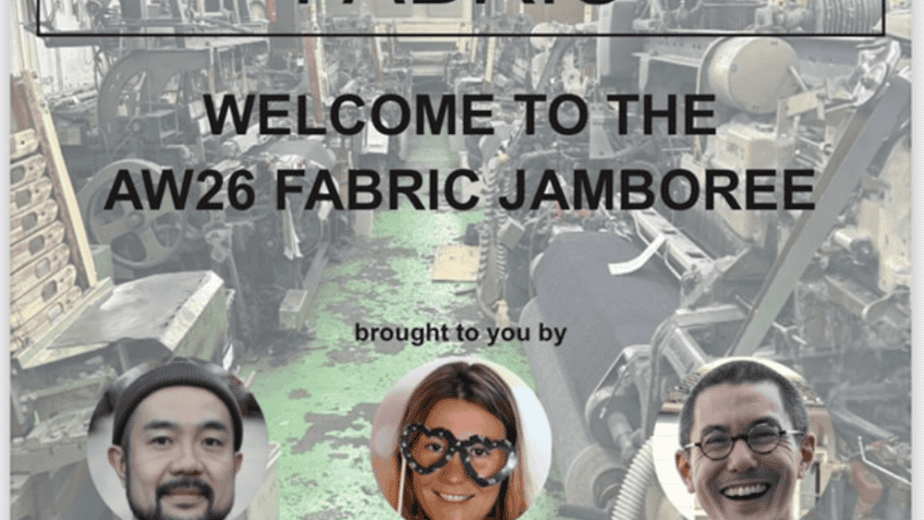 Japanese and made in USA fabric exhibition poster for AW26 Fabric Jamboree at RESOB­OX featuring Atlantic Standard, Seam USA LLC, and Goldrush Stardust, July 22-24 at 91 E 3rd St New York, showcasing premium Japanese textiles and traditional weaving techniques