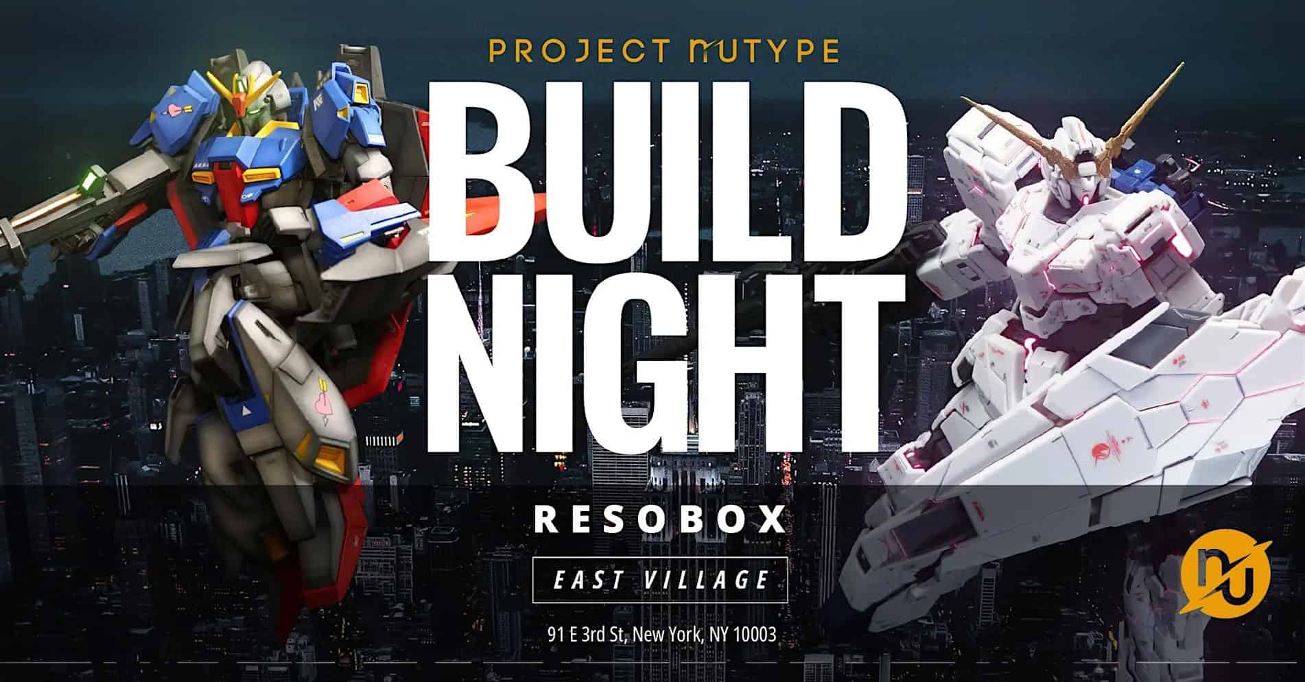 Completed Gundam plastic model kits on display at RESOBOX's monthly Gunpla build night in New York City