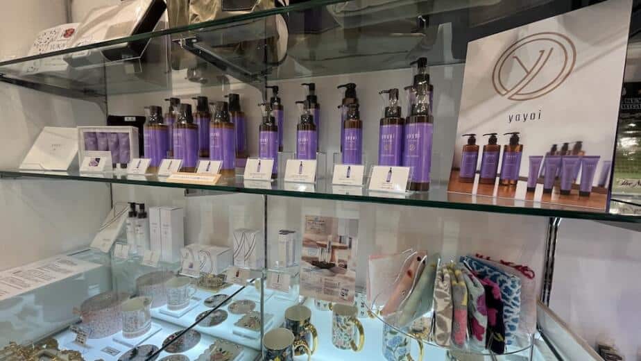 yayoi skincare products displayed at Hotel New Otani Osaka shop