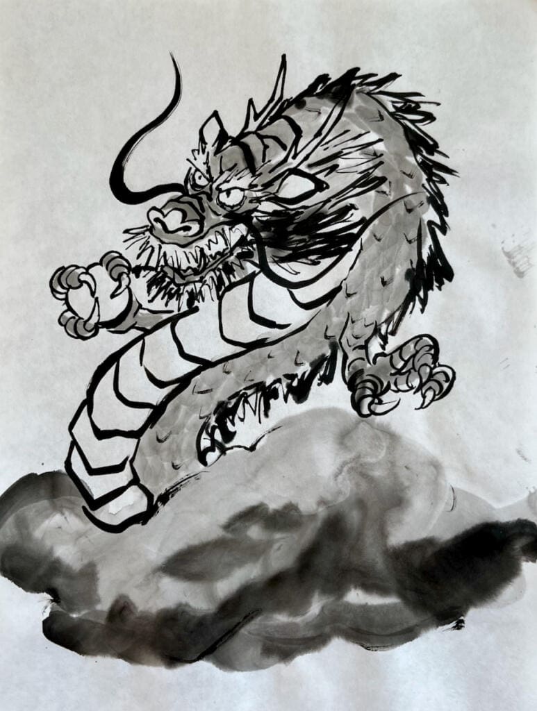 A sumi-e instructor's demonstration painting of a dragon rising above clouds, executed with dynamic brushstrokes in traditional Japanese ink wash style