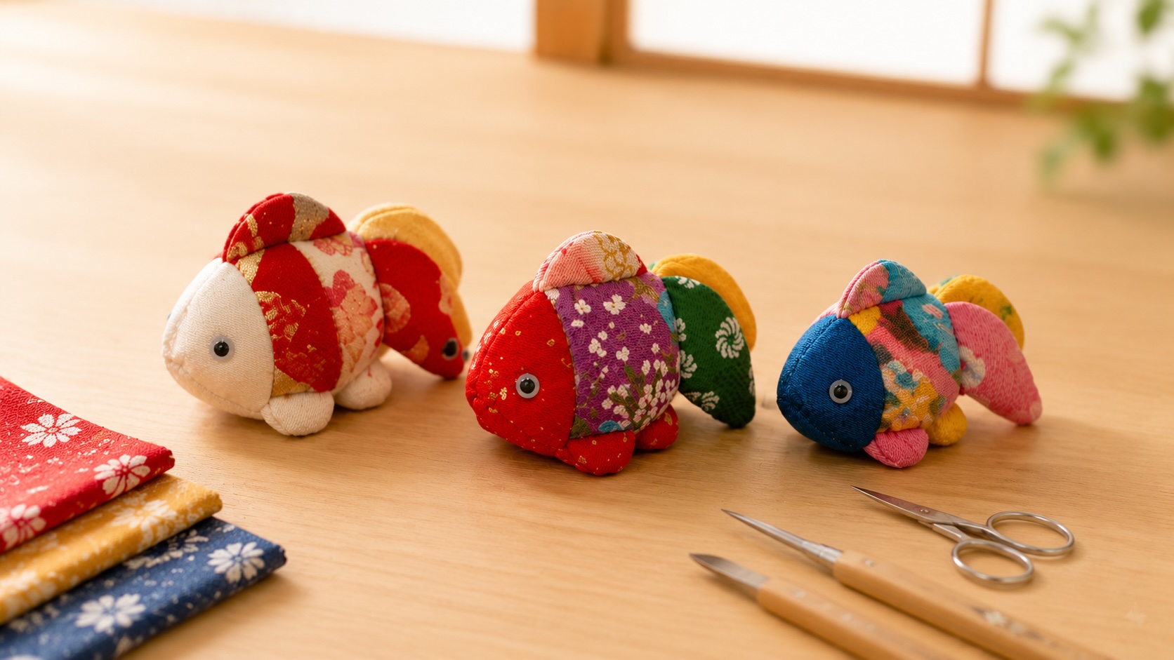 Handcrafted kimekomi goldfish dolls displayed with colorful Japanese fabrics and tools