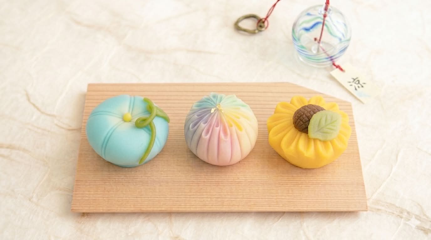 Nerikiri wagashi designs for morning glory, fireworks, and sunflower
