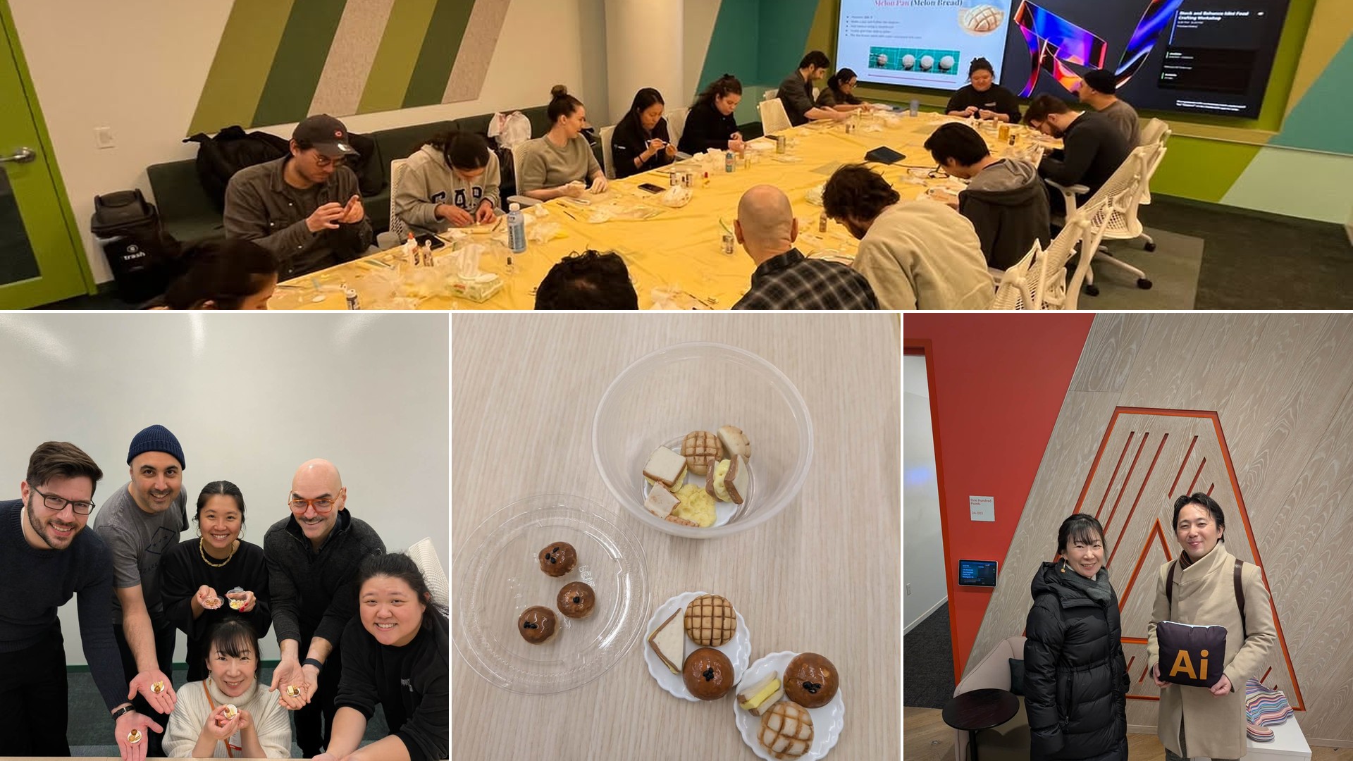 Miniature Japanese food crafting workshop at the Adobe New York office, with employees sculpting tiny melon pan and sweets