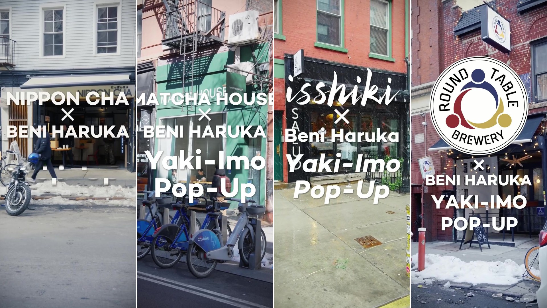 Four-panel collage of the Beni Haruka yaki-imo pop-up tour title cards: Nippon Cha, Matcha House, Isshiki Matcha, and Round Table Brewery