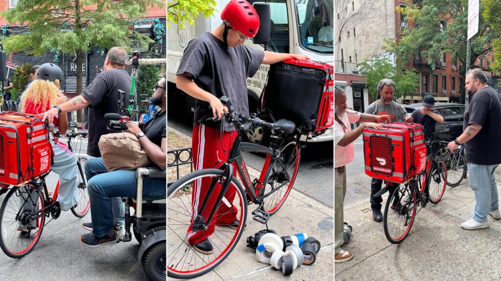 Collage from the DoorDash and Cardi B promotion shoot at RESOBOX: the film crew, a delivery bike with a speaker-equipped bag, and the crew on the street