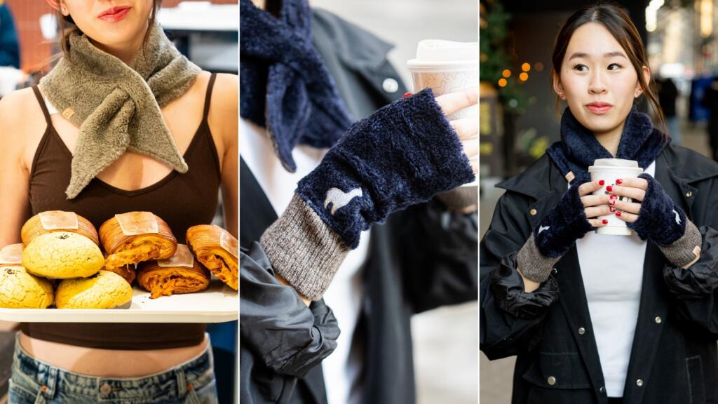 Collage from the Fukushin and Bibble and Sip collaboration: a model wearing a knit scarf holding a pastry tray, gloves with a coffee cup, and a portrait with knit accessories