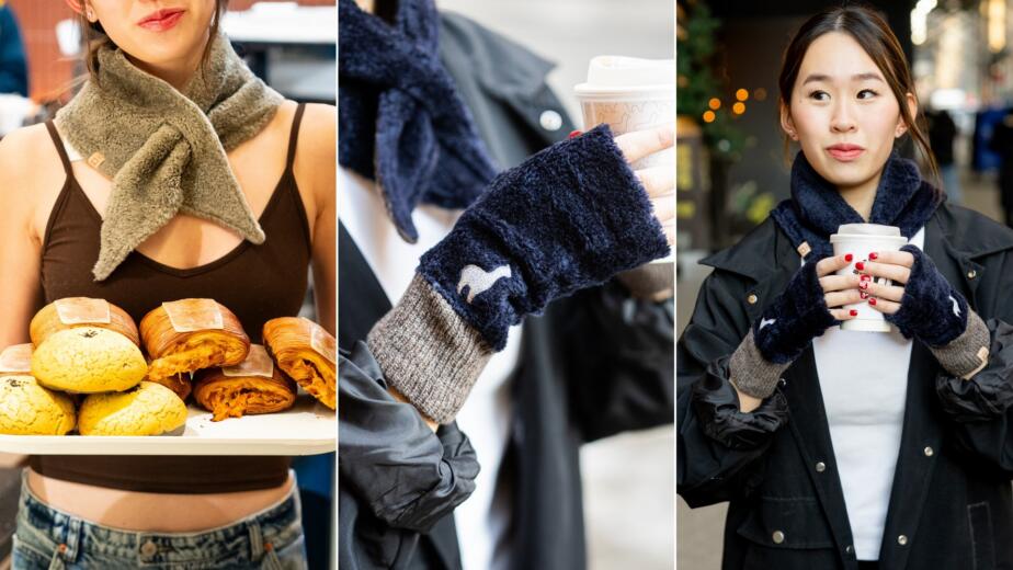Collage from the Fukushin and Bibble and Sip collaboration: a model wearing a knit scarf holding a pastry tray, gloves with a coffee cup, and a portrait with knit accessories