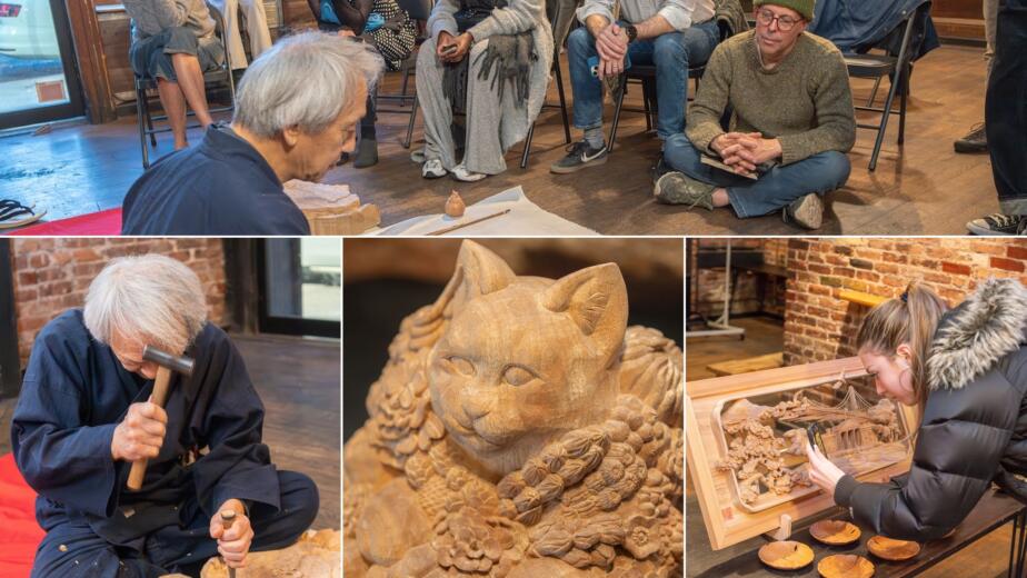 Collage from the Inami woodcarving demonstration at RESOBOX Manhattan: master Nambu Hakuun III carving before an audience, a carved cat sculpture, and a guest examining a relief panel