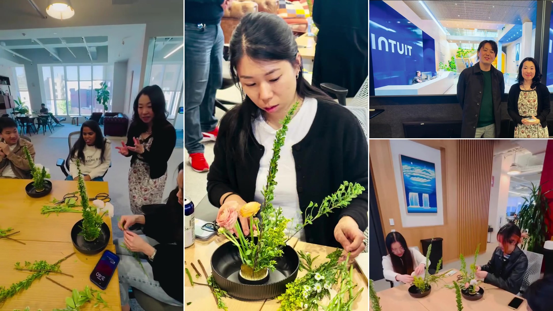 Ikebana flower arranging workshop at the Intuit New York office, with employees arranging seasonal flowers in black bowls