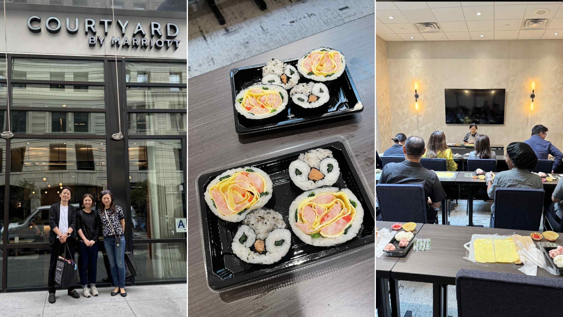 Collage from the kazari-maki workshop at Courtyard by Marriott New York World Trade Center: the hotel entrance, decorative sushi rolls, and the workshop room