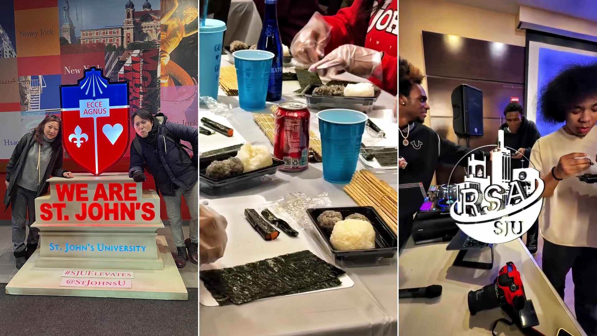 Kazari maki sushi rolling workshop at St. John's University, with students rolling decorative sushi on bamboo mats