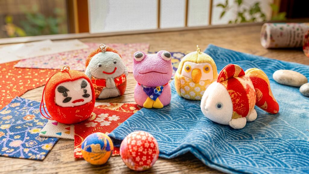 Kimekomi basics dolls — frog, owl, jizo, daruma and goldfish