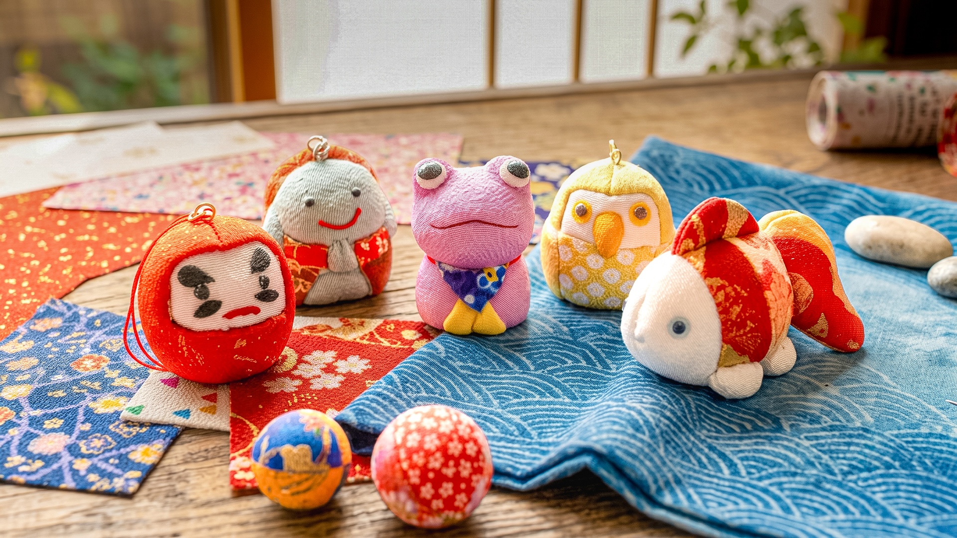 Kimekomi Basics Sep 6 Kimekomi basics dolls — frog, owl, jizo, daruma and goldfish