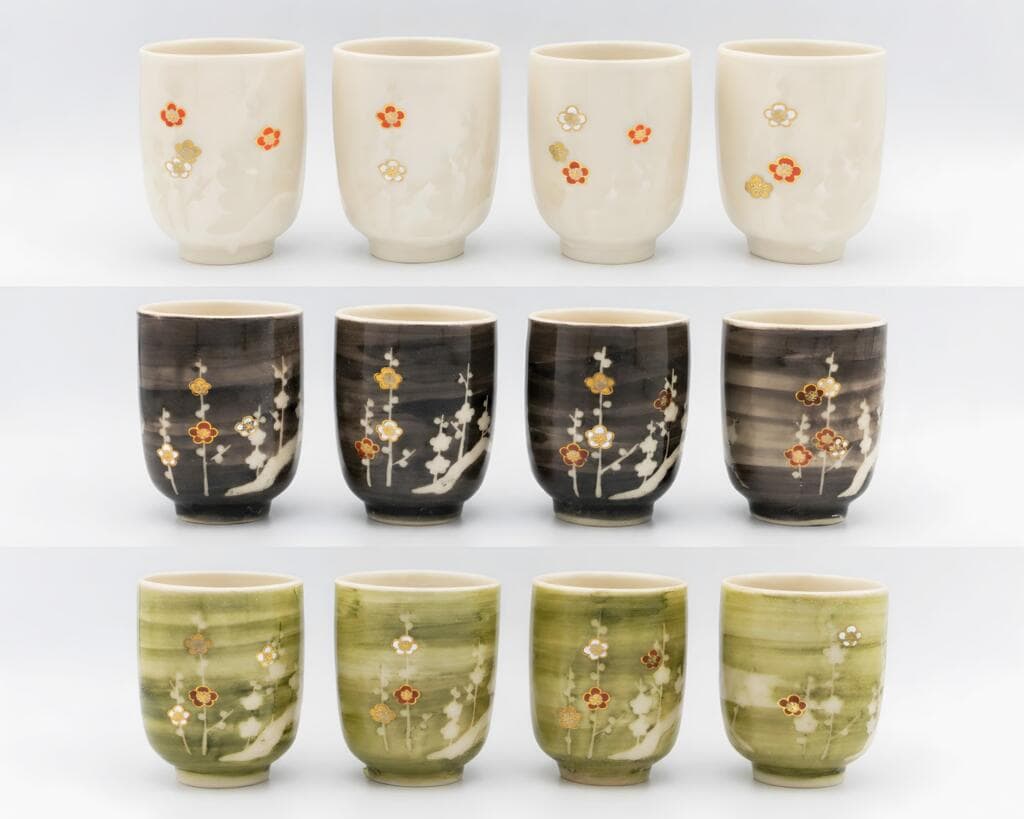 Kyo-yaki and Kiyomizu-yaki yunomi cups with plum blossom motifs created by Atsushi Yamakawa