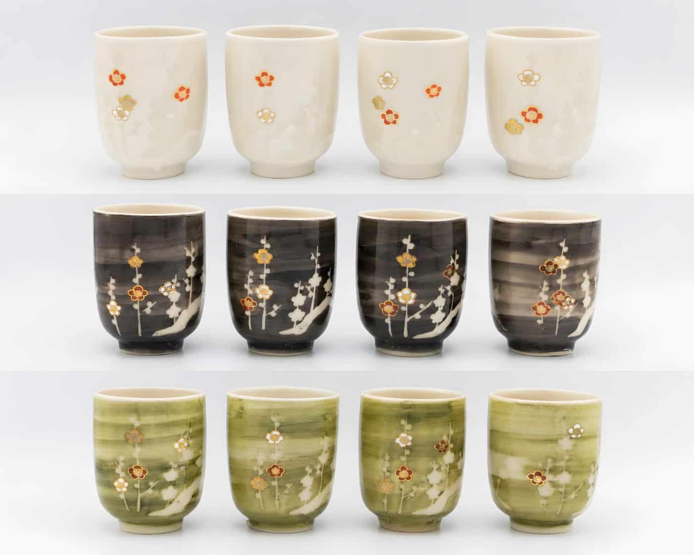 Kyo-yaki and Kiyomizu-yaki yunomi cups with plum blossom motifs created by Atsushi Yamakawa