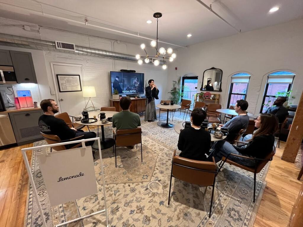 Tea master Yoshitsugu Nagano leading a Japanese tea ceremony workshop in Lemonade's New York office