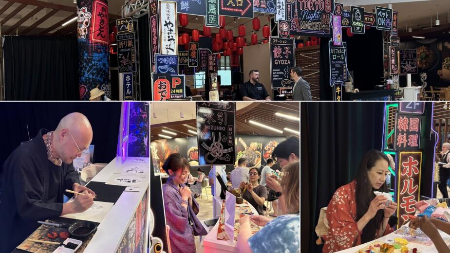 Collage from Morimoto's Tokyo Night Market at Foxwoods: the market venue and RESOBOX's three performers — sumi-e artist Taizan Tanaka, mizuhiki artist Satoi Adams, and origami artist Shiho Mashiko