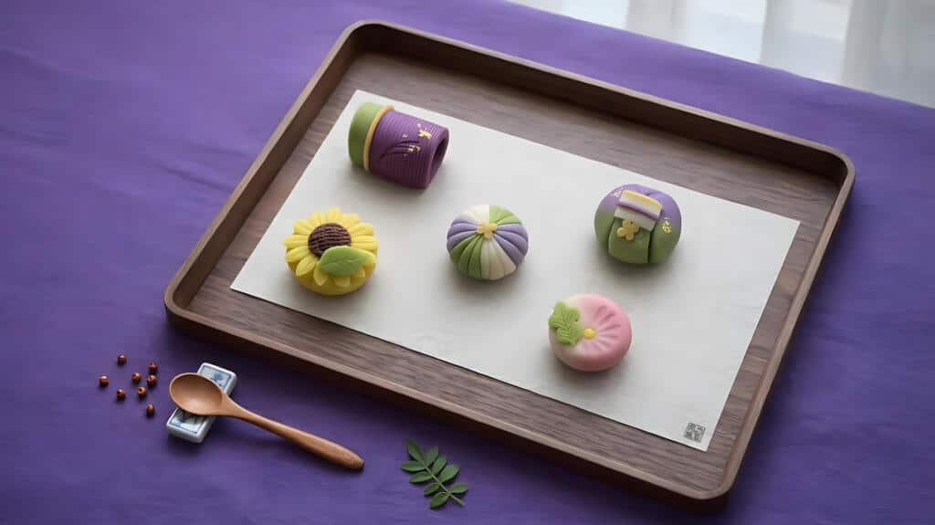 Seasonal wagashi sweets on a wooden tray