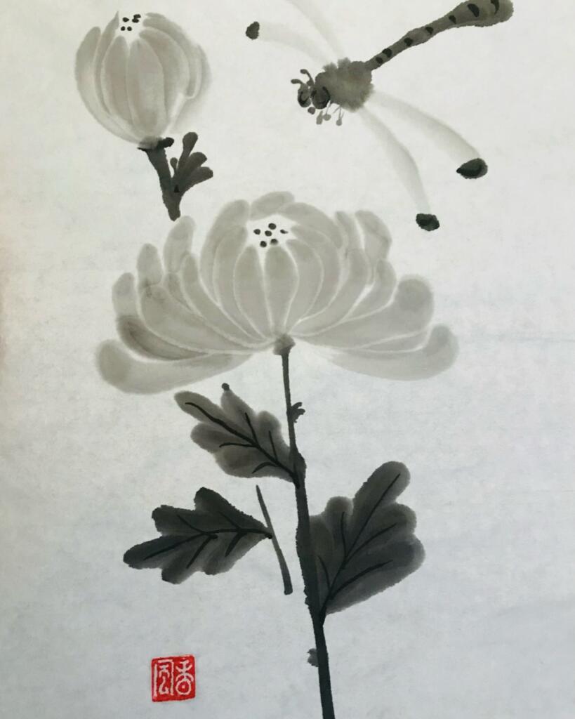 Sumi-e ink painting of a chrysanthemum with a dragonfly, by instructor Ayakoh Furukawa