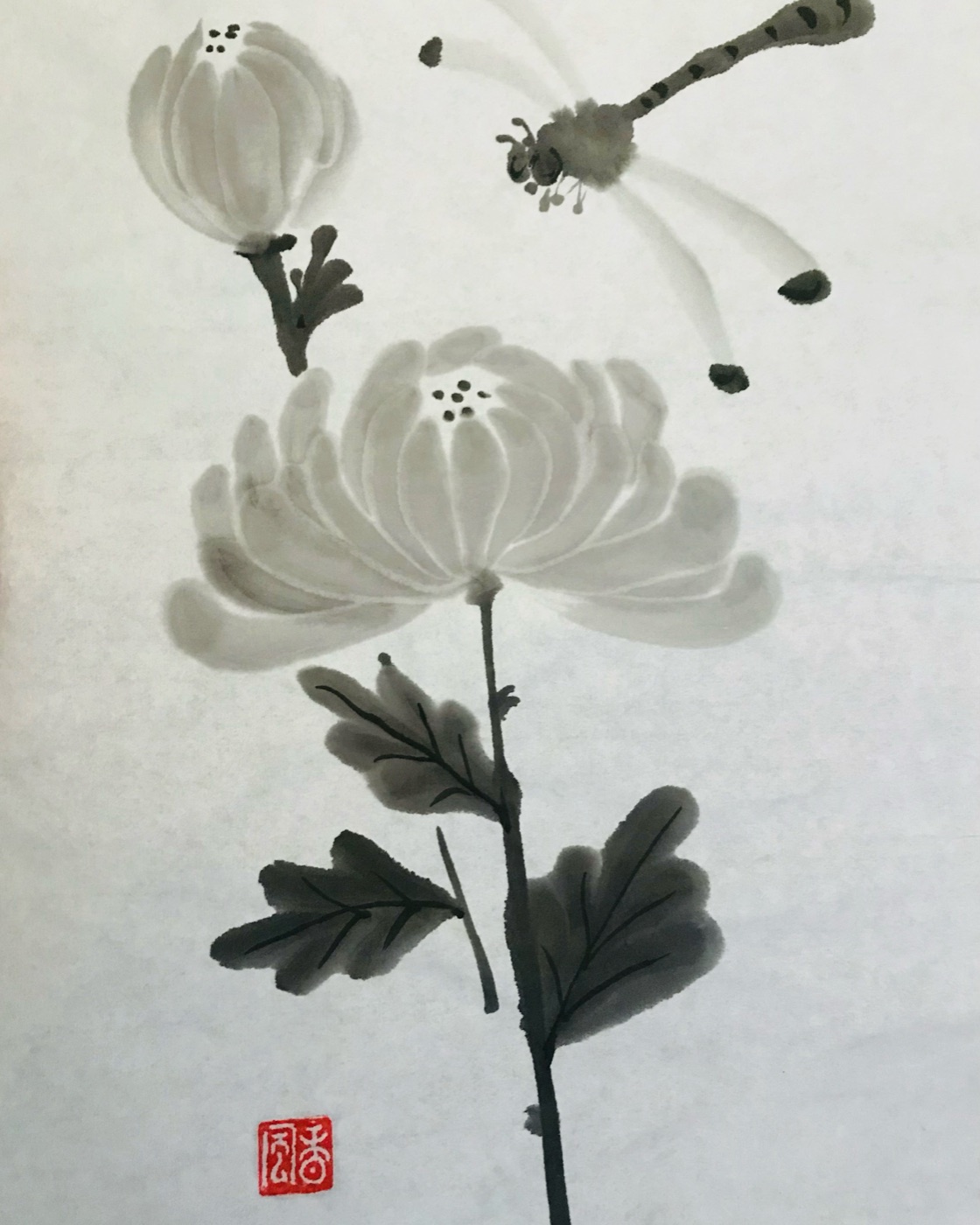 Sumi-e ink painting of a chrysanthemum with a dragonfly, by instructor Ayakoh Furukawa