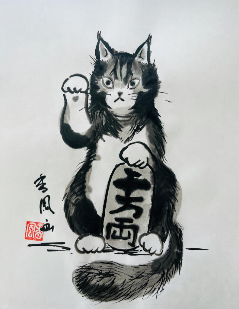 Sumi-e ink painting sample of Lucy Cat, a playful lucky cat