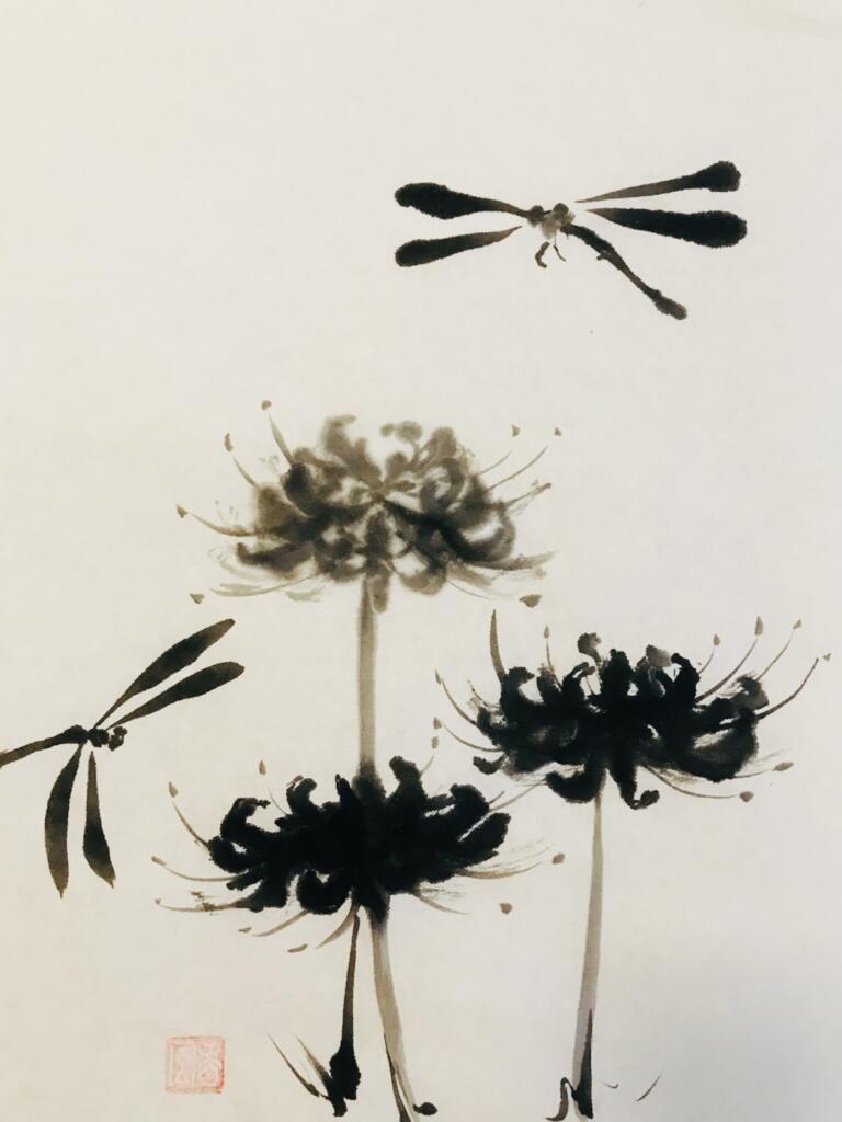 Sumi-e ink painting of red spider lilies (higanbana) with dragonflies, by instructor Ayakoh Furukawa