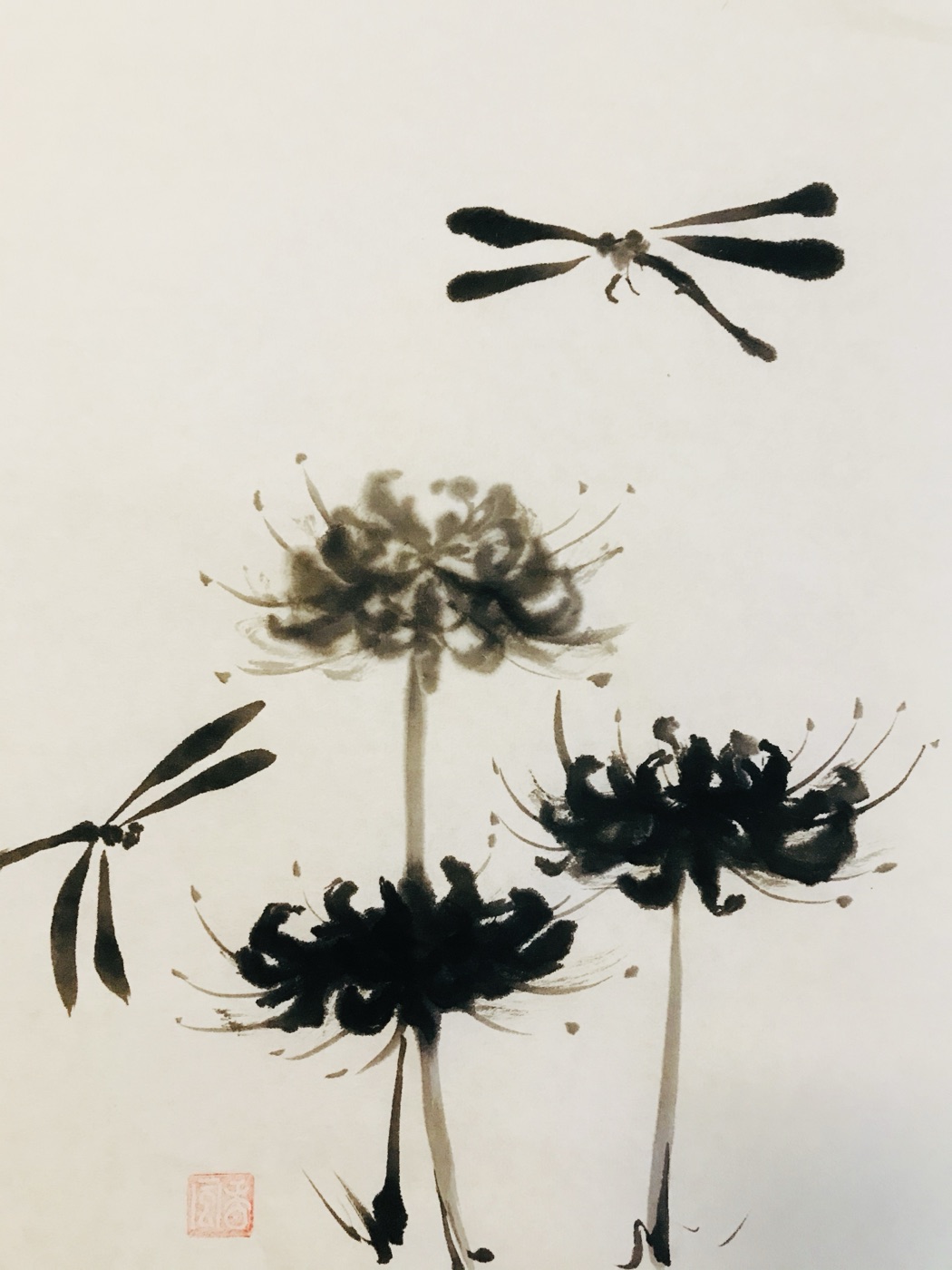Sumi-e ink painting of red spider lilies (higanbana) with dragonflies, by instructor Ayakoh Furukawa