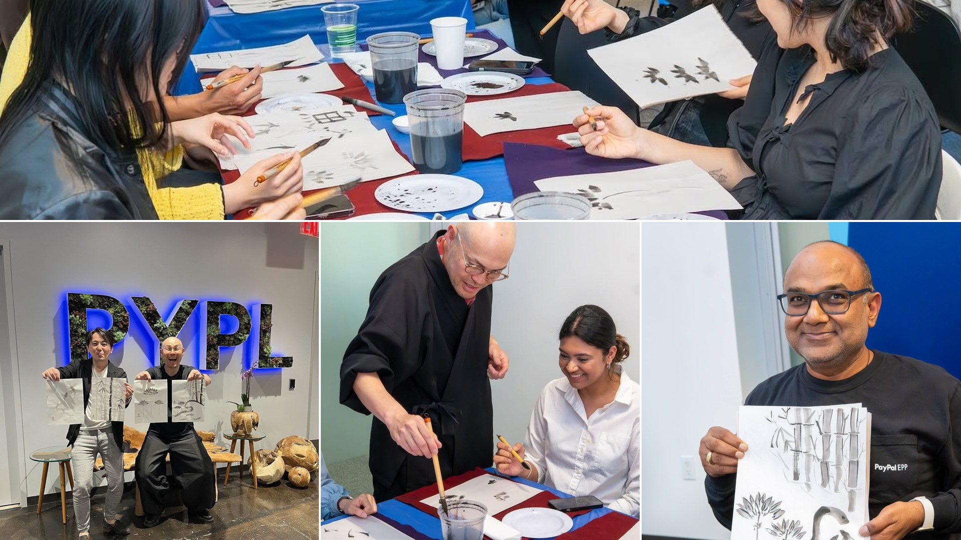 Collage from the sumi-e workshop at PayPal New York: the class in session, artists in front of the PYPL sign, instructor Taizan Tanaka teaching, and a participant with his artwork