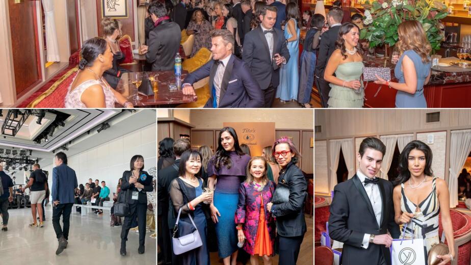 Collage of yayoi's New York activities: the Gabrielle's Angel Foundation gala, the New York Fashion Week venue, CEO Tomoko Matsuoka with guests, and a guest holding a yayoi gift bag