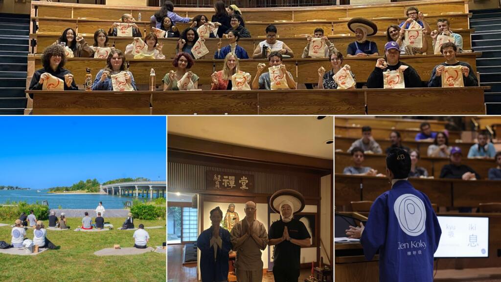 Collage from the zen breathing and shojin cuisine series: the lecture hall at The Culinary Institute of America, an outdoor session in Sag Harbor, New York Zendo Shobo-ji, and Yuki Shiina presenting