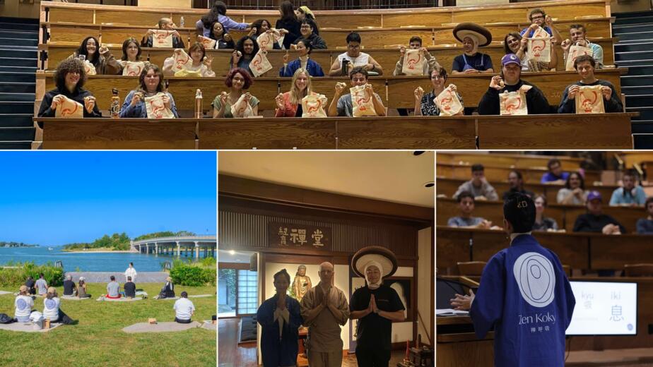 Collage from the zen breathing and shojin cuisine series: the lecture hall at The Culinary Institute of America, an outdoor session in Sag Harbor, New York Zendo Shobo-ji, and Yuki Shiina presenting