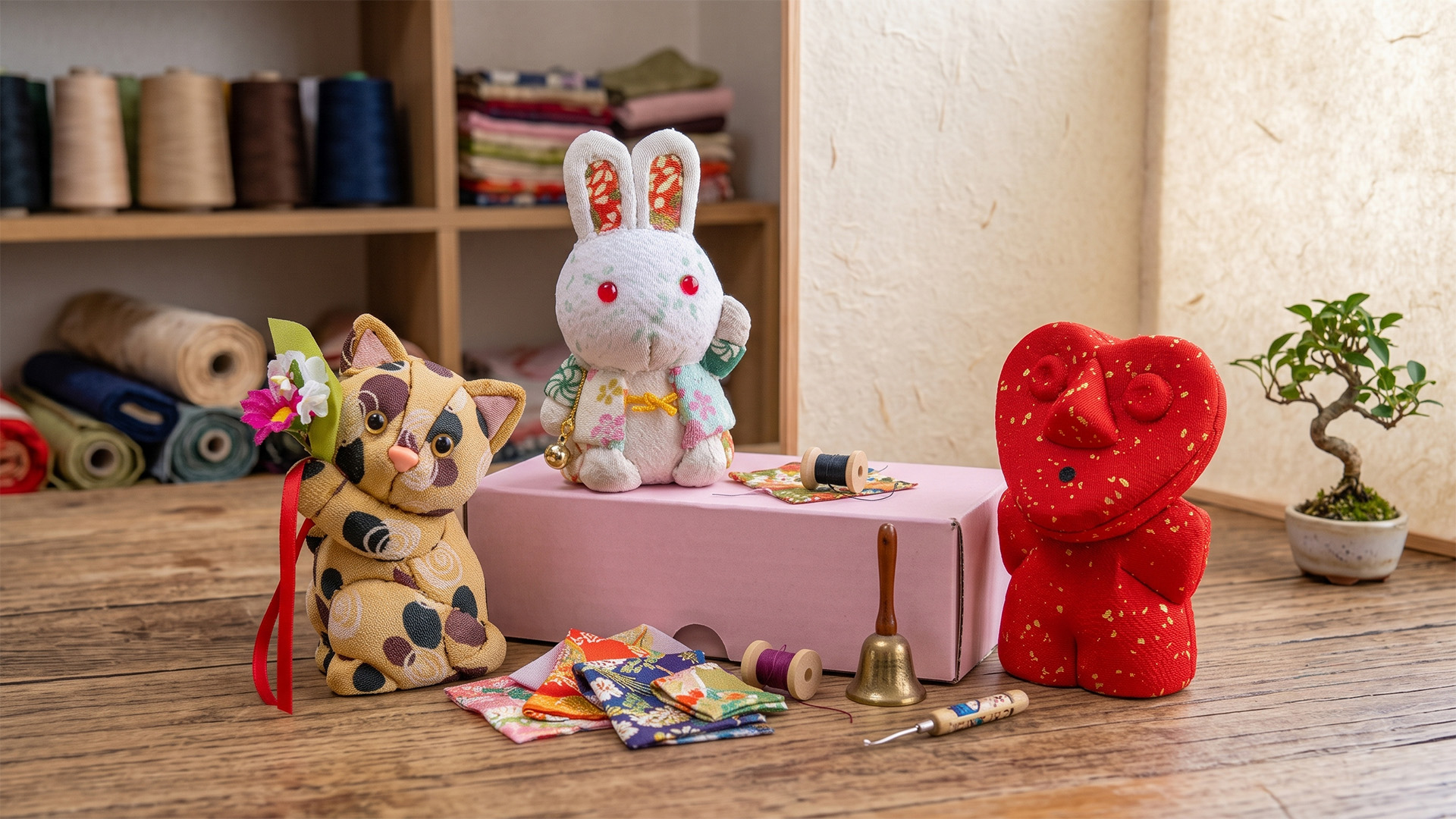 Kimekomi Cat, Dogu, Rabbit Kimekomi doll making class for August 2026 Cat, Heart and Rabbit