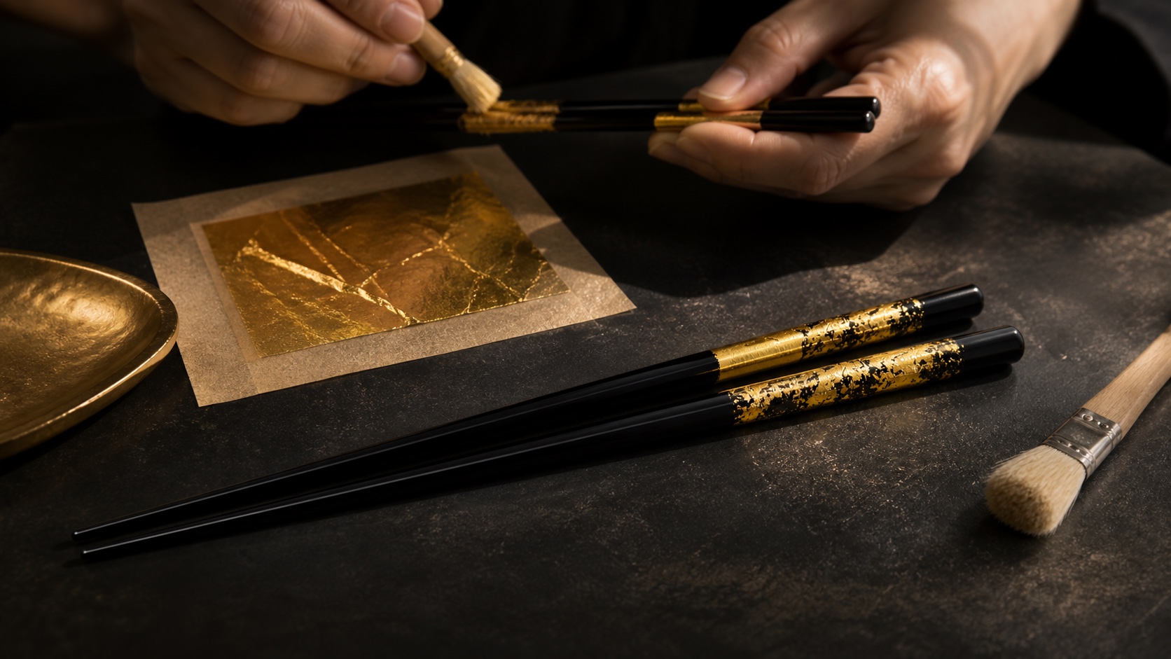 Hands pressing Kanazawa gold leaf onto a pair of black chopsticks with a soft brush