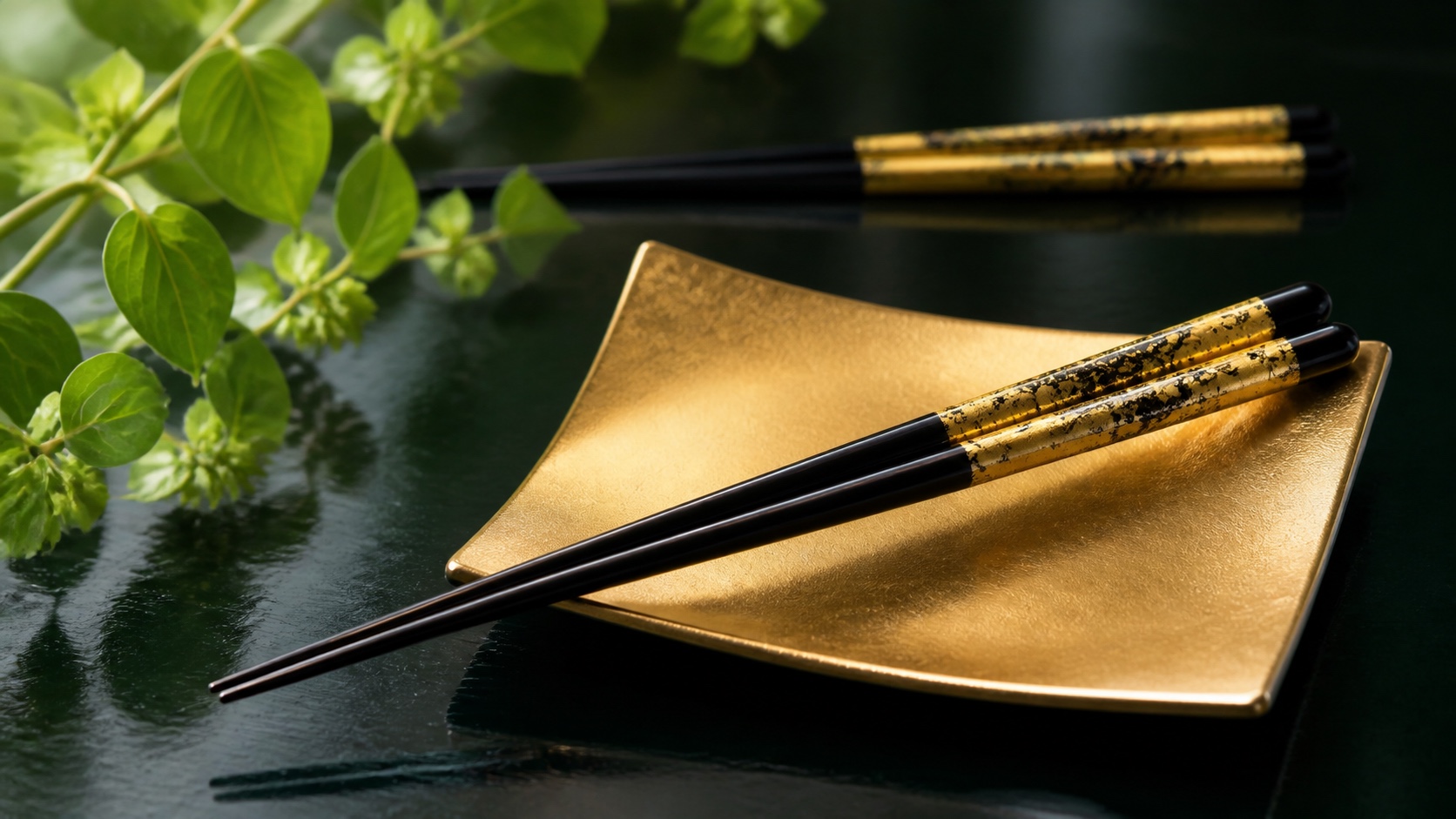 A pair of gold-leaf chopsticks resting on a square gold-leaf dish beside green foliage
