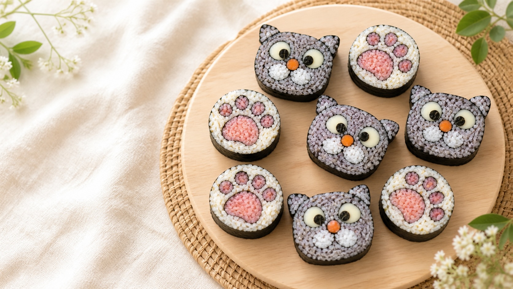 Cat face and cat paw decorative sushi rolls made in the Kazari Maki Zushi workshop at RESOBOX