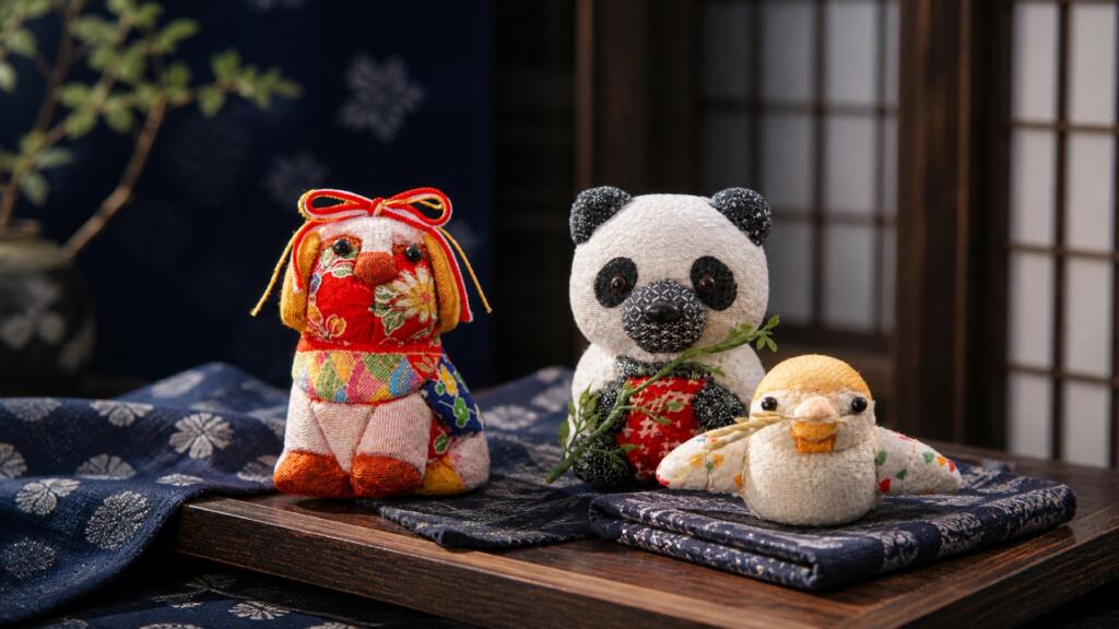 Kimekomi dolls — dog, panda and sparrow on indigo textiles