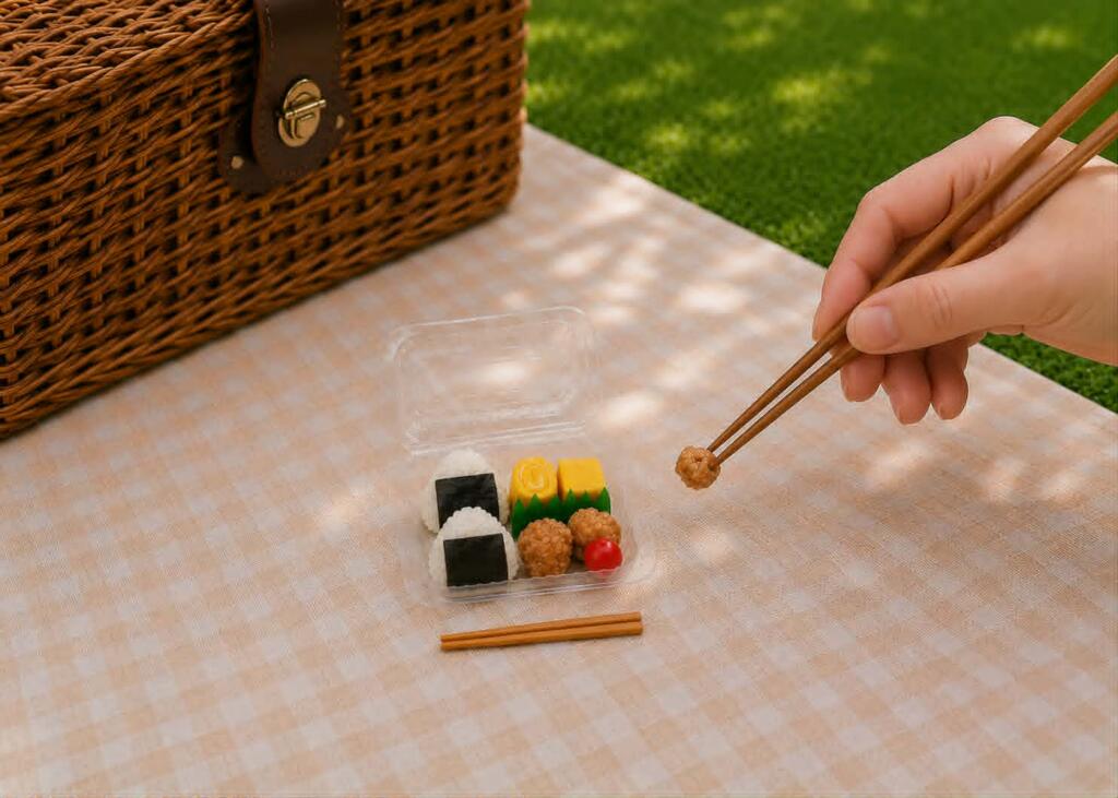 Miniature onigiri bento box with tiny rice balls, tamagoyaki, karaage and a grape tomato, held with chopsticks on a picnic cloth