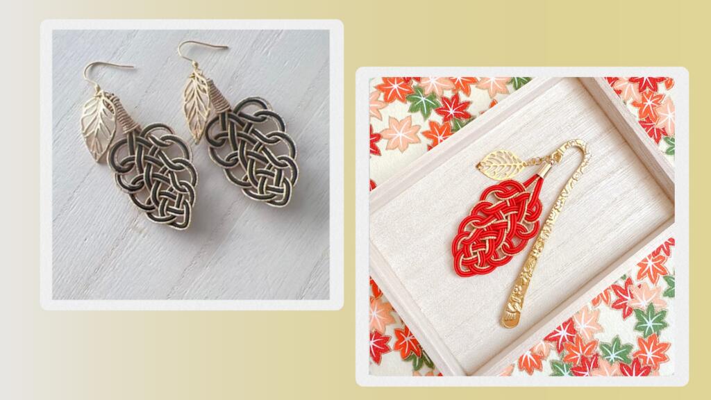 Mizuhiki leaf knot earrings and a red leaf-knot bookmark on autumn maple paper