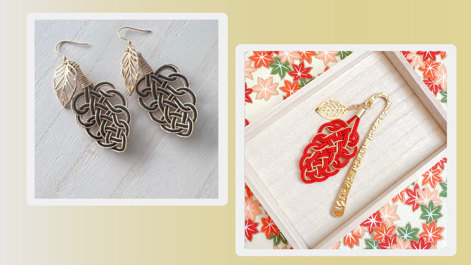 Mizuhiki leaf knot earrings and a red leaf-knot bookmark on autumn maple paper